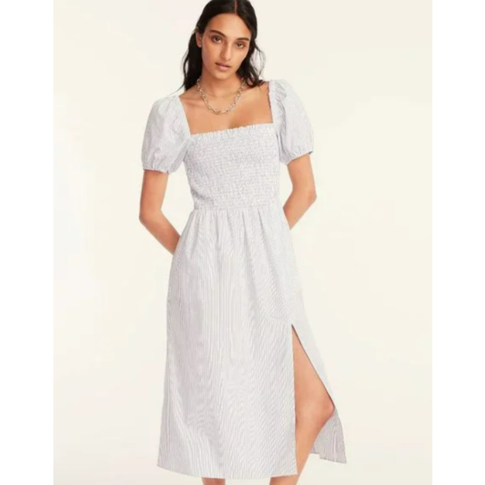J Crew Short Sleeve Smocked Midi Dress in Stripe Blue White Organic Cotton XL
